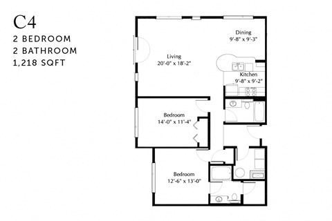 Floor plan for 2 beds, 2 baths, 1072 sqft